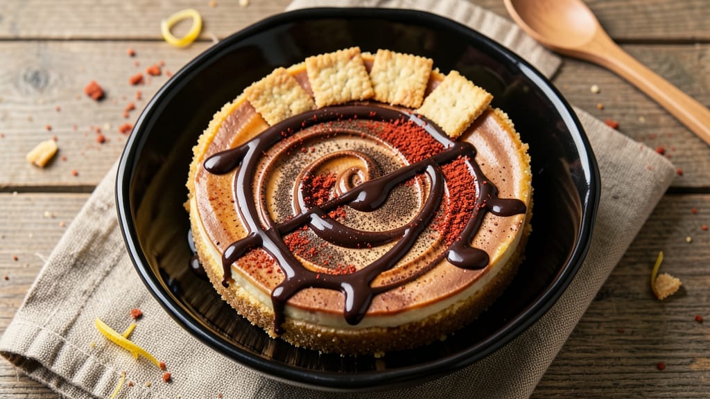 Chili Chocolate Cheesecake Recipe: Molten Cocoa Swirls With Spiced Crunch Topping