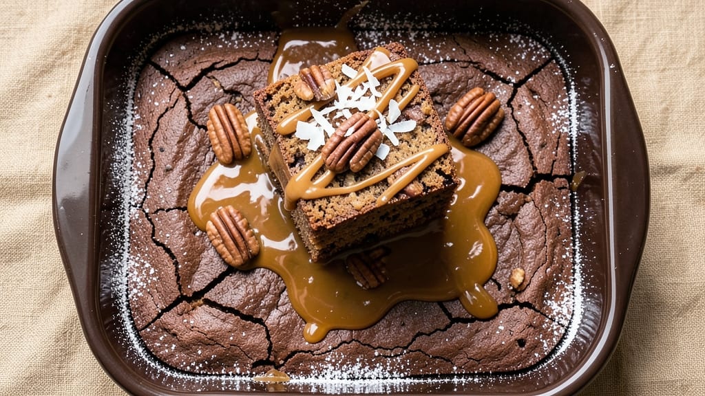 Caramel Brownie Recipe with German Chocolate Cake: Fudgy Chocolate Base with Toasted Coconut Crunch