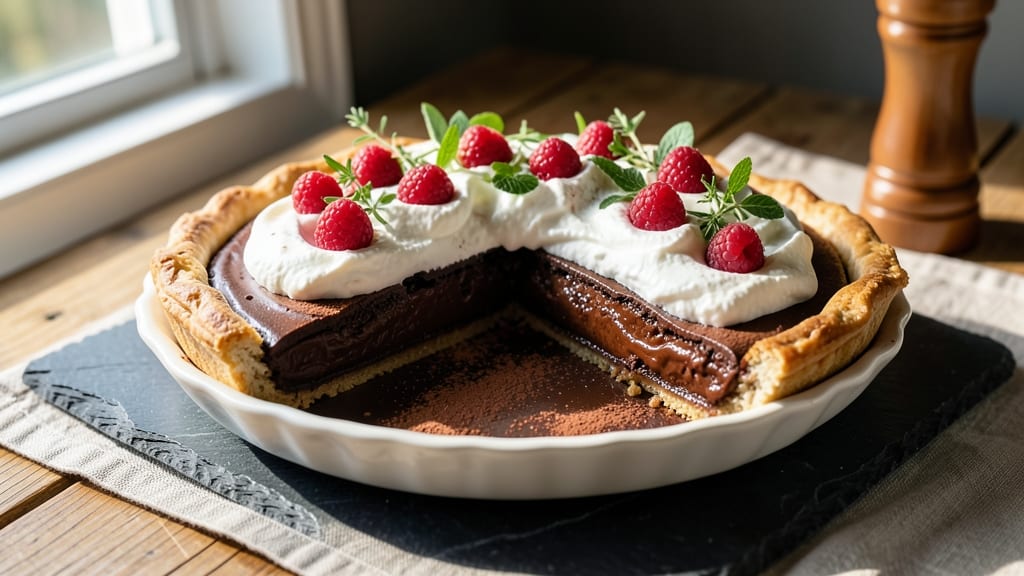 Bittersweet Chocolate Pie Recipe: Deep Cocoa Cracks and Vanilla-Infused Cream